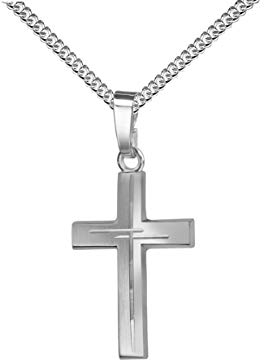 Anhänger-Kreuz mit Halskette 925 Silber Kreuz in Kreuz teilmattiertes Silberkreuz für Damen, Herren und Kinder Kreuzanhänger Kettenanhänger + Schmuck-Etui
