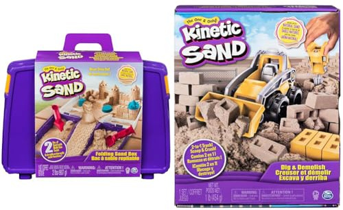Kinetic Sand FOLDING SANDBOX & Dig & Demolish Truck Playset with 453 g of Kinetic Sand, for Kids Aged 3 and Up
