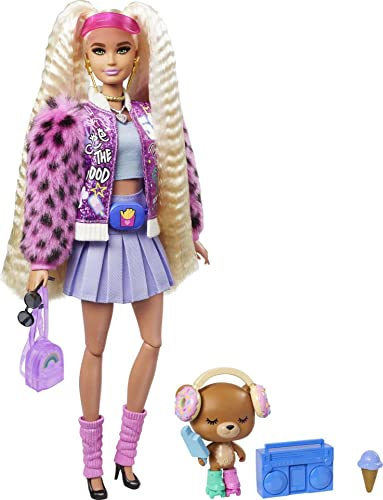 Barbie Extra poupée articulée Blonde aux Longues couettes, Look Tendance et Oversize, avec Figurine Ourson et Accessoires Inclus, Jouet pour Enfant, GYJ77