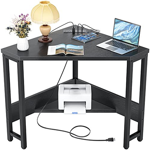 Armocity Corner Desk Small Desk with Outlets Corner Table for Small Space, Computer Desk with USB Ports Triangle Desk with Storage for Home Office, Workstation, Living Room, Bedroom, Black