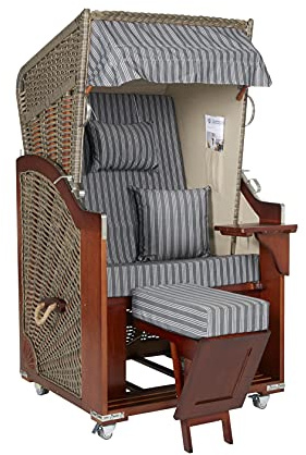 intergrill Strandschönheiten AVA Deluxe Strandkorb Ostsee Single Vollholzfront Korb außen beige Pinienholz innen grau gestreift Balkone Terrassen Garten Lounge
