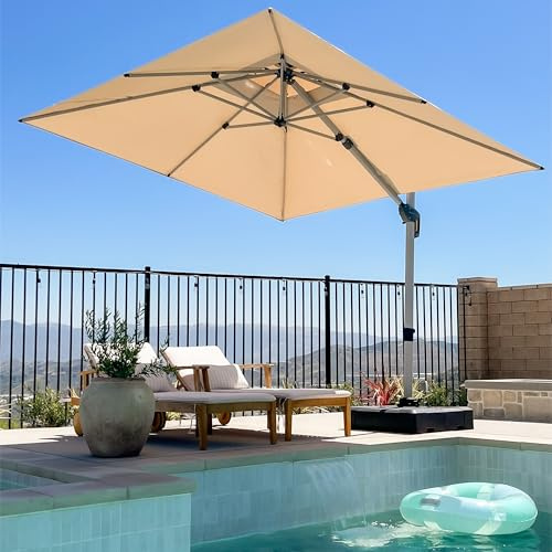 PURPLE LEAF Sonnenschirm Balkon 300 x 300 cm Ampelschirm Drehbar Marktschirm Groß 360°Rotation, Gartenschirm mit Kurbel, XXL Sonnenschutz UV50+, Beige