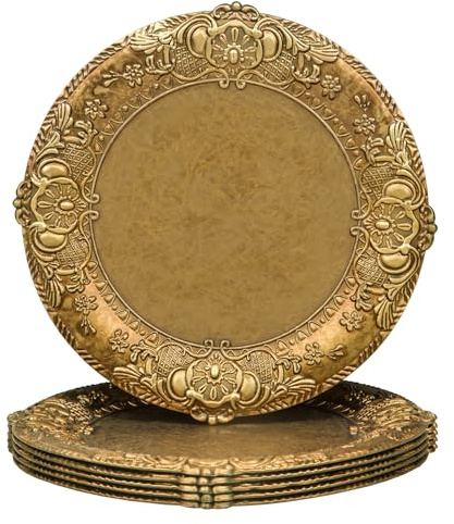 MAONAME 13 Antique Gold Charger Plates, Plate Chargers with Embossed Rim, Round Plastic Charger Plates for Wedding, Table Decor, Set of 6