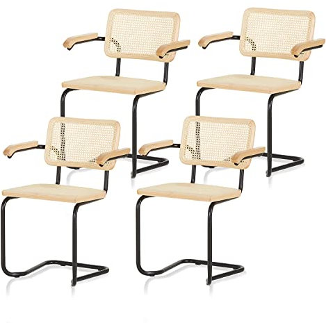 KHG 4er Set Schwingstühle Freischwinger mit Armlehnen schwarz - Rückenlehne und Sitzfläche aus Massivholz Buche und Rattan - Esszimmerstuhl, Küchenstuhl Design Stuhl mit Wiener Geflecht