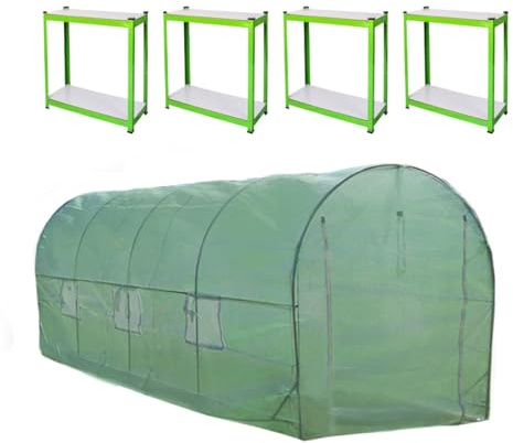 Polytunnel-Gewächshaus, begehbar, verzinkte Regale, Fenster, Türen, Gewächshaus, PE-Abdeckung, Gartenarbeit, Metallrahmen, Lagerung im Freien, Gartenzelt, Gemüse, Pflanze, 25 mm Durchmesser | 6 x 3m