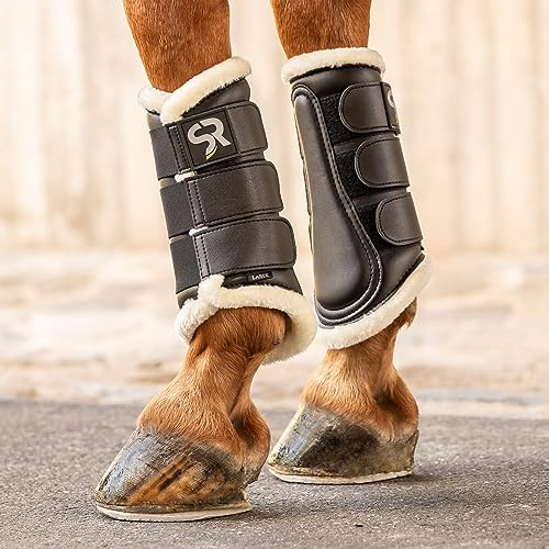 SUNRIDE Dressurgamaschen mit Fell (2er Set) - für Pferde - aus Echtleder - zum Schutz vor Verletzungen (S / 26 cm Höhe, schwarz)