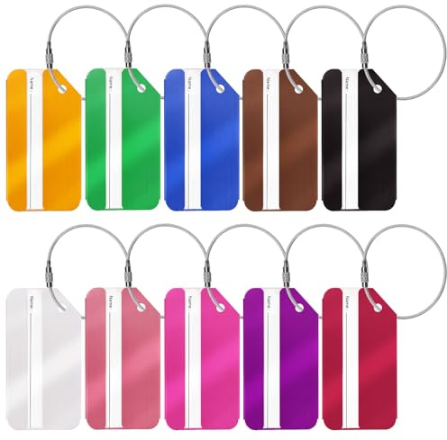 Keadic Gepäckanhänger-Sortiment-Set aus Aluminium, 10 Farben, Metall-Koffer-Etiketten, Kartenhalter mit Namensausweis und Edelstahlschlaufen, Gepäckkennzeichnung für Rucksäcke, Koffer, Reisetaschen,