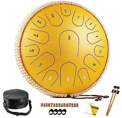 HOPWELL Steel Tongue Drum - 13 Inches 15 Notes Tongue Drum - Hand Pan Drum with Music Book, Drums Mallets and Carry Bag, D Major (Yellow)