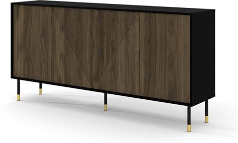 Homlando Commode Woody Pacific 4D 180 cm, buffet avec 4 portes, pour chambre ou salon, commode moderne avec façade fraisée en MDF et pieds en métal, noir mat/noyer pacifique
