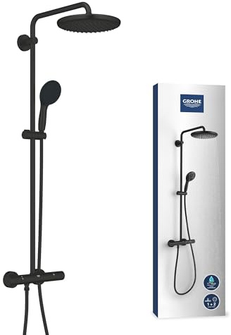 GROHE Vitalio 250, Duschsystem wassersparend 8l pro Min (Regendusche mit Thermostat und schwenkbarem Kopfbrause, Sicherheitssperre bei 38°C, Duschset mit Antikalk-System), rund, schwarz, 266782431