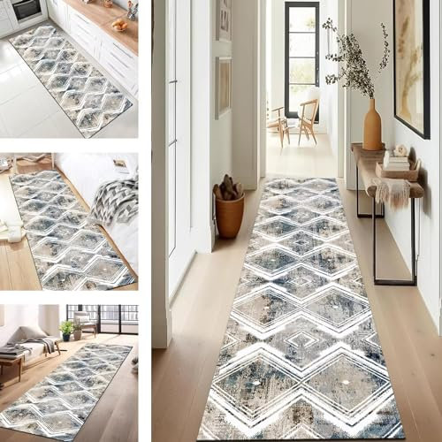 SUCERU Teppich Läufer für Küche Flur Wohnraum Küchenläufer rutschfest mit Gelrücken 50X220CM Blau Weiß Dauerhaft Waschbar Teppichläufer Teppich Läufer für Waschküche Eingang Wohnzimmer