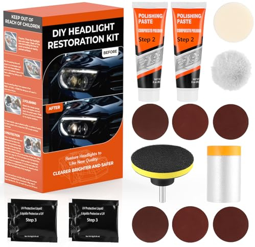ISINFLASH Headlight Restoration Kit, Polish Restore Cleaner Clean Tool DIY Polishing, Sanding Discs, Scouring Pads for Electric Drill, 3 Easy Steps to Restore Sun Damaged Car Headlights Lens