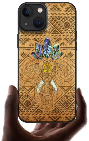 Carveit Coque Magnétique pour iPhone 13 Étui de Protection TPU, Gravure en Bois et Incrustation de Coquille Cover Compatible Magsafe avec 13 Magsafe Coque (Cerise-Éléphant Africain)