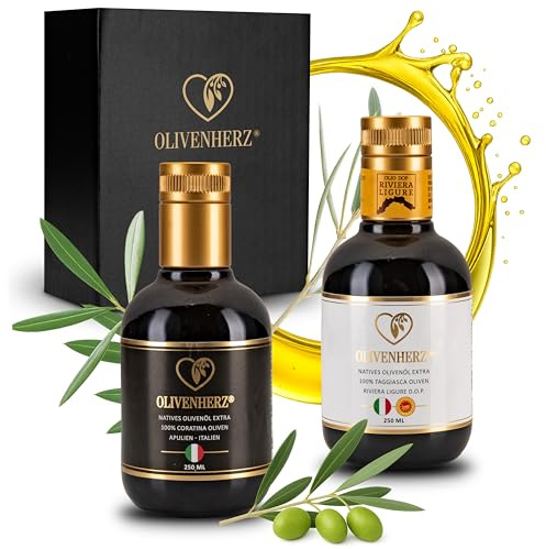 Olivenherz® | Italienisches Olivenöl | Natives Olivenöl Extra | Premium Qualität | Geschenkset & Probierset | 100% Sortenrein aus Coratina & Taggiasca Oliven | 2 x 250 ml Glasflaschen