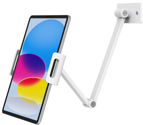 BEWISER Supporto da parete per tablet, bianco, per iPad, regolabile in altezza, compatibile con pad da 4,7 – 12,9 pollici, telefono, Galaxy Tab, supporto per cellulare avvitabile, girevole a 360°, per