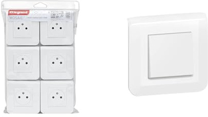 LEGRAND - Prise Electrique Murale avec Terre Mosaic Surface - Prise 2P+T + Plaque de Finition & Interrupteur ou va-et-vient Mosaic 10A blanc complet avec plaque et fixation à vis