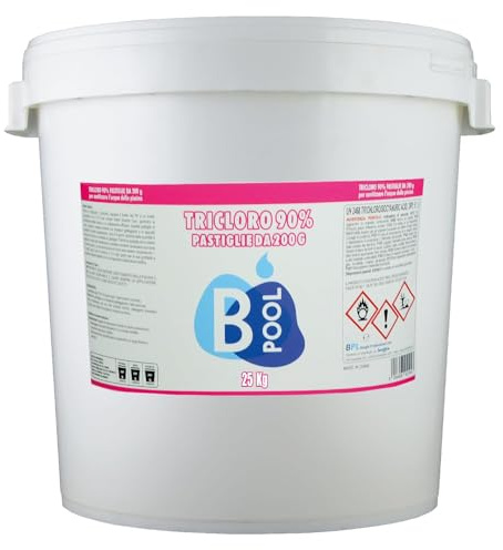 B POOL Tricloro 90/200 Blisterate in Pastiglie. Cloro per Piscina in Pastiglie Stabilizzato a lenta dissoluzione per la sanitizzazione dell'acqua della tua piscina. Formato da 25 Kg