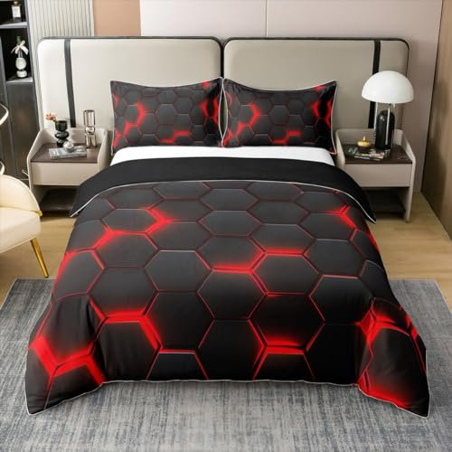100% Bio Baumwolle 3D Geometrische Bienenstock Hexagon Bettbezug,Geometrie Hexagon Thema Bett Set,Rote Neon Lichter Bettbezug 200x200,Moderne Geometrie Bettbezug mit Krawatten (Schwarz Reversibel)