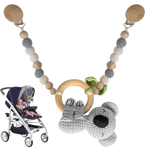 AVCXEC Kinderwagenkette Holz Baby, Kinderwagenkette aus Holz und Baumwolle Gehäkelt, Kinderwagen Kette für Babys, für Baby ab 3+ Monate Mädchen und Junge (Koala)