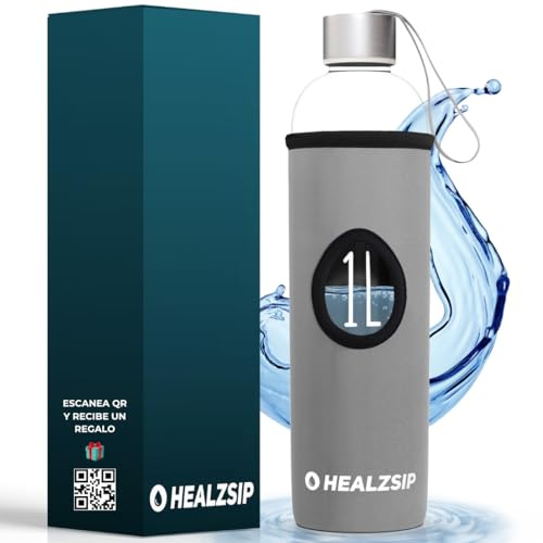 Botella Agua Cristal 1 Litro + Funda Neopreno + Guía + Calculadora | Botella Vidrio Borosilicato con Medición | Reutilizable y Apta para Lavaplatos | Glass Water Bottle | Ideal para Casa y Oficina