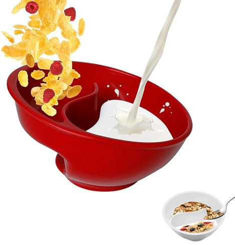 Never Soggy Cereal Bowl, Divided Cereal Bowl, Anti Soggy Cereal Bowl, Cereal Bowl Separate Milk, Reusable Snack and Dip Bowls, for Snack Milk Topping Yogurt & Berries Fries (Red)