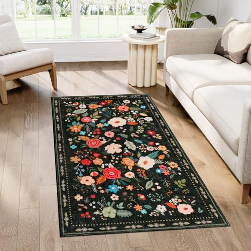 Homcomodar Blumen Teppich Wohnzimmer 80x150cm Schwarz Kurzflor Teppich Schlafzimmer Vintage Floral Waschbarer Teppiche Wohnzimmer für Kinderzimmer