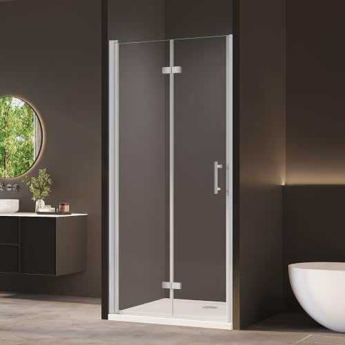 AmuseVera Duschtür 90 cm Einzelfalttür Drehfalttür Nische Duschabtrennung Duschkabine Faltbar Nischendrehtür Falttür Dusche aus 6mm ESG Sicherheitsglas mit Nano-Beschichtung, Höhe 195cm