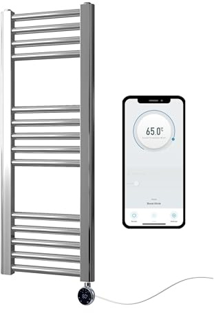 Greened House Chrome Electric Smart WiFi Controlled Heated Towel Rail Flat 7 Day Programmable Timer App Compatibility (300mm W x 800mm H)
