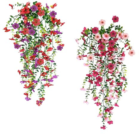LuckyCao 4 Stück Kunstblumen Hängend, 76CM Hängepflanze Künstlich Draußen Wetterfest, Hängend Seidenblumen Wie Echt Künstliche Hängepflanzen Plastik Blumen Dekoration