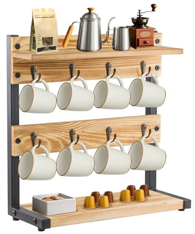 2-Tier Mug Tree 8 Hook Coffee Mug Holder Stand with Storage Base Mug Display Organizer Mug Holders Cup Storage Organizer for Home Kitchen Bar Counter Display Tea (Original wood with partitions)