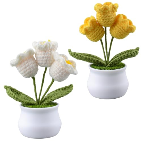 HICOHAND Pianta in vaso con fiori all'uncinetto, 2 pezzi, fiori finti artificiali fatti a mano per compleanno, laurea, decorazione per interni auto e casa, 2 pezzi