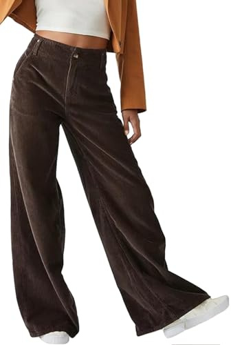 Yutdeng Pantalon Velours Côtelé Femme Vintage Y2K Pantalon Femme Chic et Elegant Automne Hiver Pantalons Velours Taille Haute Jambe Large Décontracté Couleur Unie Pants Casual Ample Poches Streetwear