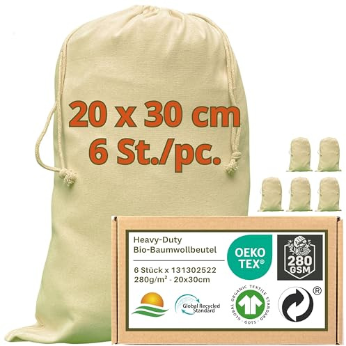 WIESEN.design Bolsas de tela – 280 g/m² con certificado Öko-Tex de algodón resistente para aplicaciones profesionales duraderas, 20 x 30 cm, 4 unidades, pequeñas bolsas de tela, bolsas de regalo