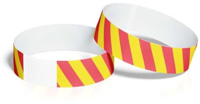ID&C Tyvek Paper Event Wristbands – Numbered Tamper Proof Security Wristbands for Events, Festivals & Admission (Tomato Red and Highlight Yellow Stripe, 100 Pack)