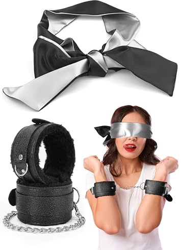 Adjustable Adult Handcuffs for Grownups Bedroom and Black Satin Eye Mask Set, Faux Leather Handcuffs, 2pcs Set for Play