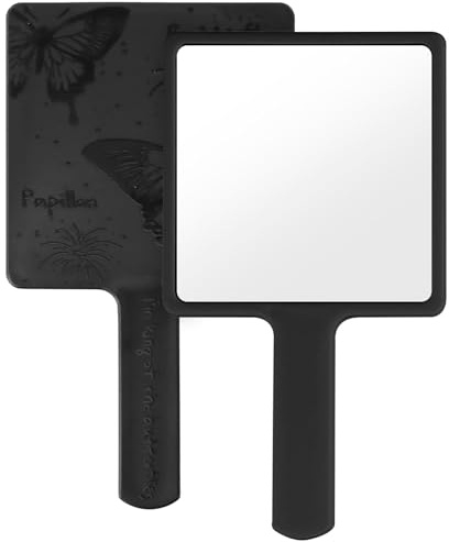 FooYee Miroir à main, de forme carrée, miroir à main professionnel avec poignée, miroir de rasage de coiffure, miroir de poche carré pour portable, maison, voyage (noir)