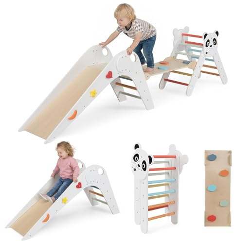 COSTWAY Set da Arrampicata per Bambini, Set Montessori Pieghevoli in Legno, Parco Giochi per Bambini con Scivolo, Rampe, Scala e Blocchi, 3 Anni + (Bianco)
