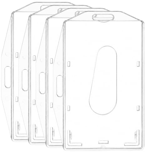 Clear ID Card Badge Holders, 4Pcs Hard Plastic Rigid Card Holder for Lanyard, Double-Sided Horizontal and Vertical Pass Protector with Thumb Slot for Office, School, Work
