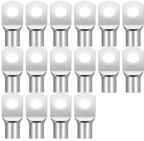 Set di 16 capicorda tubolari SC25-8, 25 mm2, M8, capicorda non isolati, in rame ispessito, stagnato, per cavi batteria, scatola di distribuzione, moto, barca, moduli solari
