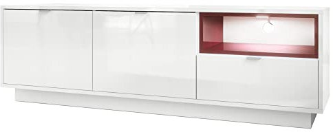 Vladon Meuble TV Armoire Metro, Corps en Blanc Haute Brillance/Façades en Blanc Haute Brillance avec Une Insertion en Bordeaux Haute Brillance, INCL. L'éclairage LED