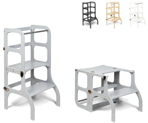 Klappbarer Lernturm mit Sitzfunktion, 45 cm Stehhöhe, Step’n’Sit, Lernturm mit Sitz und Tisch umklappbar, Birkenholz, UV-Lackiert, Grau mit Messing Beschlägen