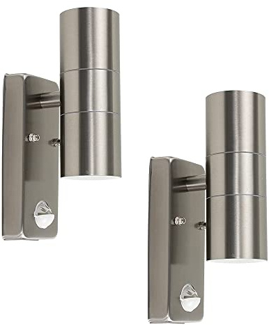 MiniSun | Modern Stainless Steel Up/Down Security Wall Lights with PIR Motion Sensor | Security Lighting, Home Décor & Improvement Essential | Set of 2 | Mains Wired