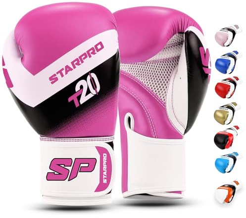 Starpro Gants de Boxe en Cuir Synthétique. Gants de Formation Professionnelle en Muay Thaï, Kickboxing, Fitness et Boxercise, pour Hommes & Femmes. 8 Oz 10 Oz 12 Oz 14 Oz 16 Oz (Rose Vif, 10oz)