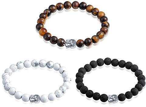 Feilok Bracelet de montre Bouddha d'amitié pour partenaire, bracelet en pierres naturelles véritables (bijoux spirituels) avec perle de bouddhisme noble, blanc, 17 cm, Pierre Métal