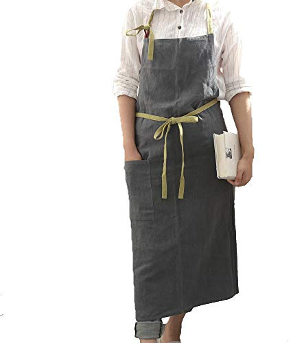UHEIM Premium Free Size Linen Bib Apron Kitchen Apron with Large Pocket 9 Colors