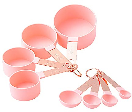 8 Piece Measuring Cups and Spoon Set - Plastic Measuring Cup and Spoon with Stainless Steel Handle, Measuring Tool for Liquids and Solids Cooking & General Kitchen Use (Pink)