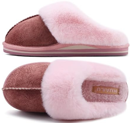 KuaiLu Womens Fluff Plush Slippers Ladies Cosy Memory Foam Thermal Winter Mule Slip on Comfy Cushion Fuzzy Slider Shoes with Indoor Outdoor Hard Sole Light Pink Size 6