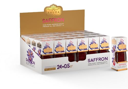 Ahura Premium Natural Saffron Threads, Pure All Red Saffron Spice for Tea, Cooking: Savoury, Sweets & Baking (Sunrise Jar 24x0.5gr Box)
