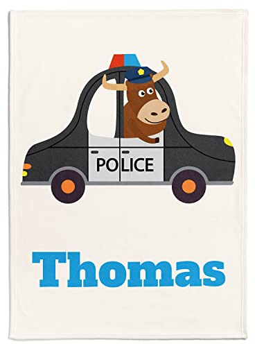 Personalisierte Babydecke mit beliebigen Namen und Motiv mit Polizeiauto und Stier | Kinderdecke mit Stier-Polizist und eigenem Namen | Baby Decke mit einem Fahrzeug- und Tiermotiv