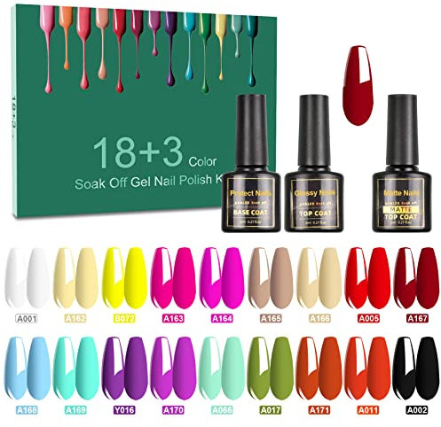 SINZONeu Vernis Semi Permanent 21 Manucure Nail Art Lot Vernis à Ongles Gel UV LED Nail Polish Soak Off 18 Couleurs Fluorescent Populaire, Base et Top Coat Matt, 8ml